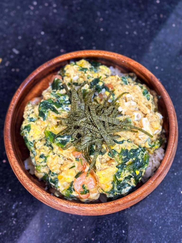 Tamago Don (Egg Bowl) with Shrimp and Spinach on a bed of white rice