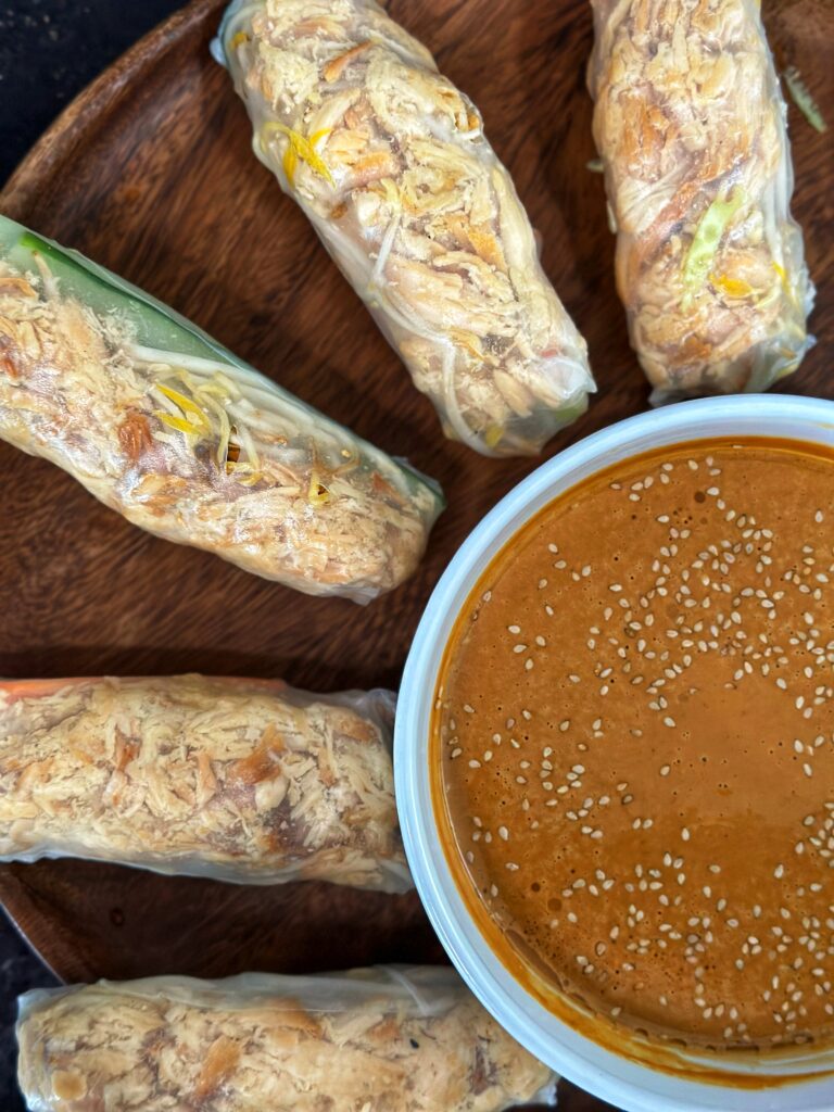 Fresh Chicken Spring Rolls with my Homemade Green Onion Chicken Breast and Peanut Butter Dipping Sauce